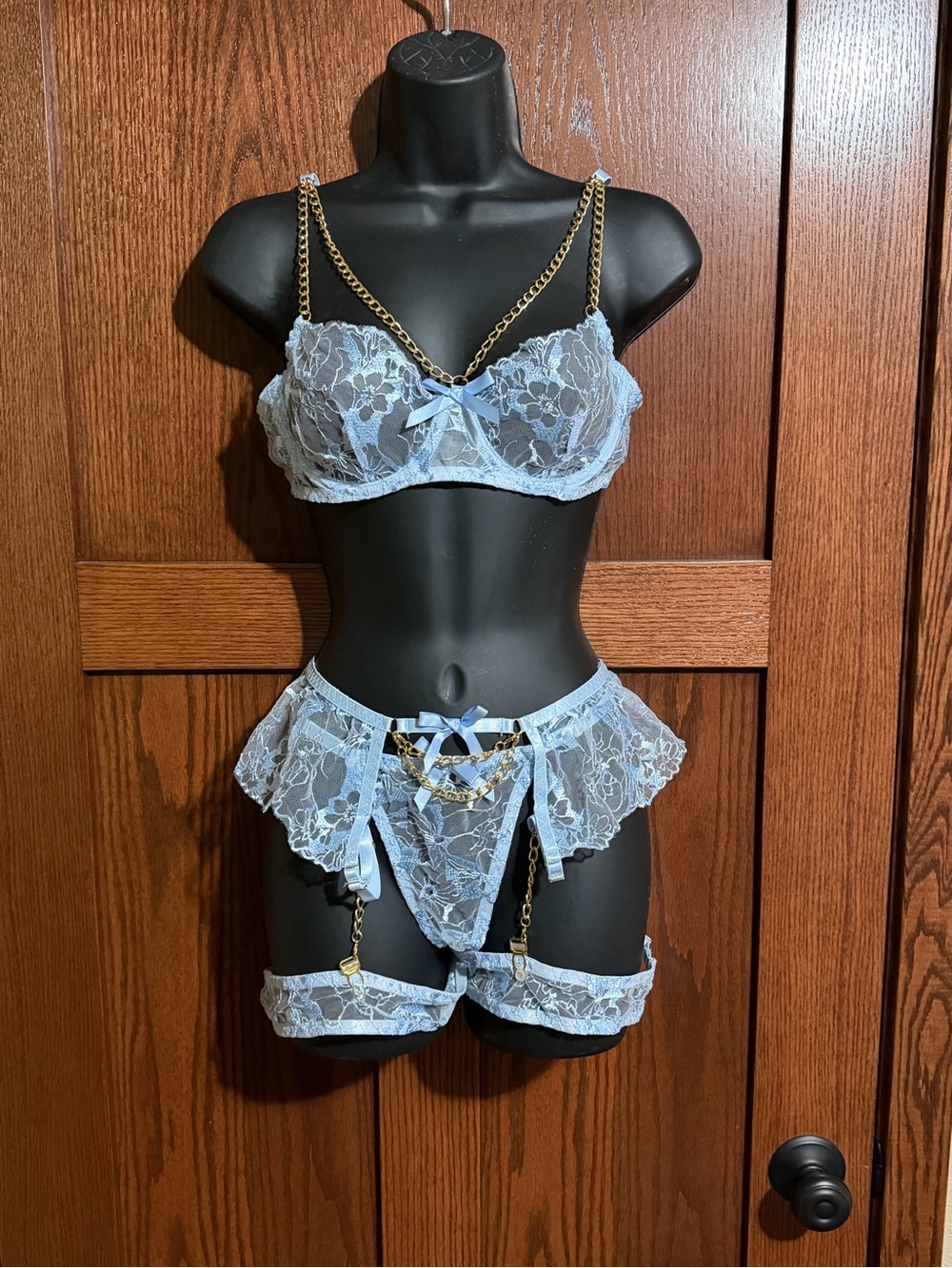 Sheer Light Blue Lace Bra, Garter & Thong Set with Gold Chain Details